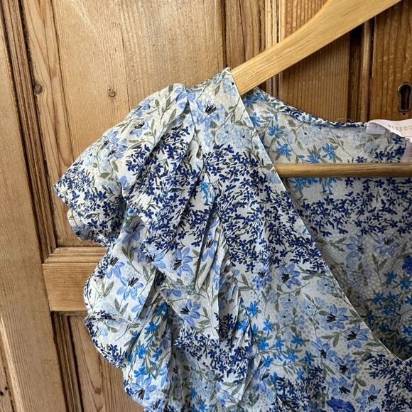 Rebecca Taylor 8 Dress Blue White Floral Ruffle V-Neck Tie‎ Knee Length Silk - Picture 3 of 14
